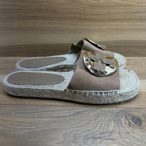 Tory Burch Double T Sandals 7 M Beige Suede Gold Logo Espadrille Slides - Picture 5 of 12